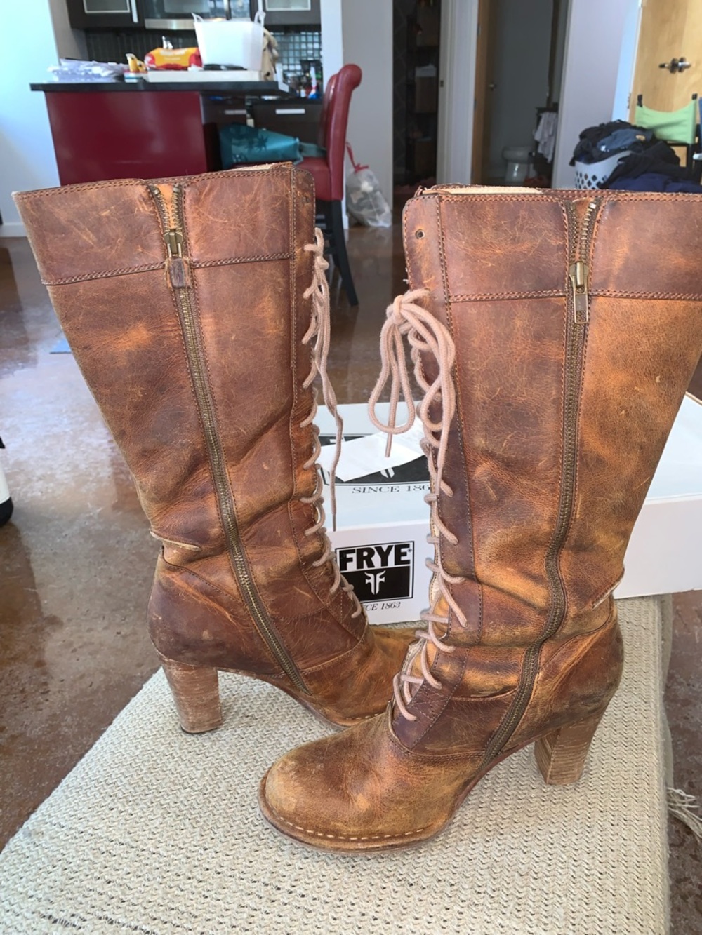 FRYE Villager Womens Brown Leather Lace-Up Knee Boots - Picture 5 of 9